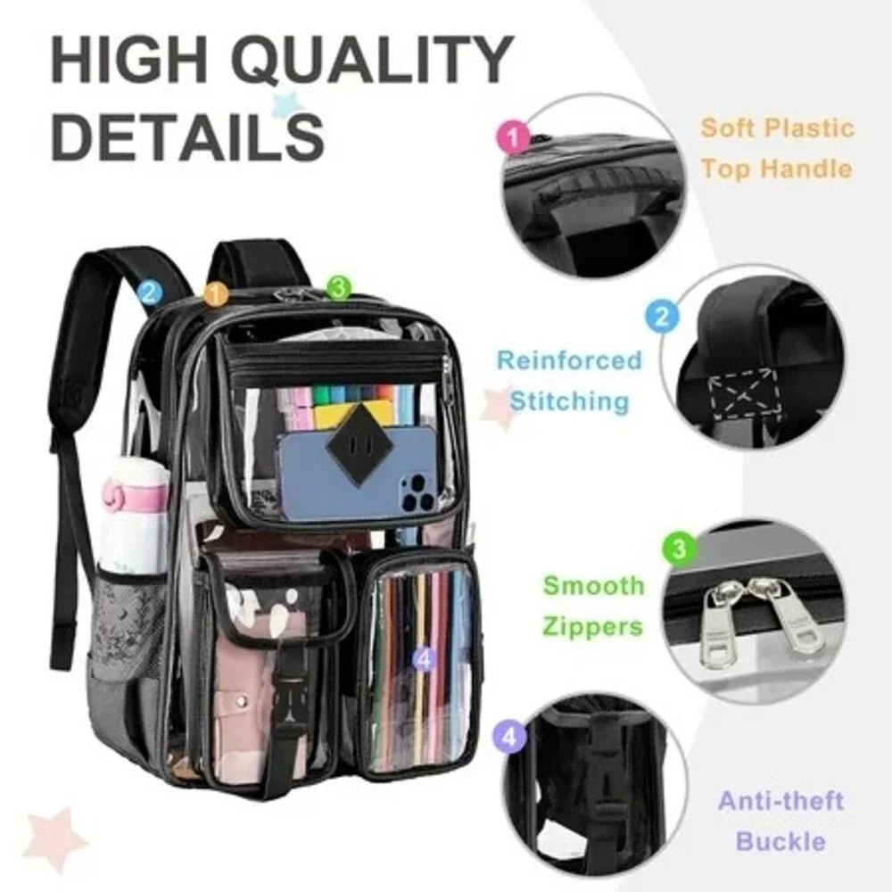 Clear Backpack Black Trim 16 Inch Anti-Theft Buckle Zipper Bag